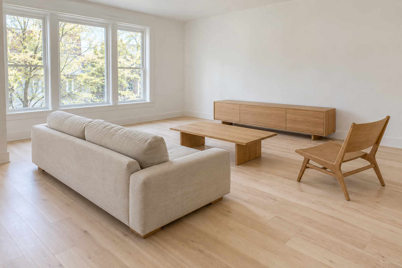 A sparsely furnished Japandi living room with a low sofa pulled off the wall, one low table, and one chair, with open birch floor showing around each piece.