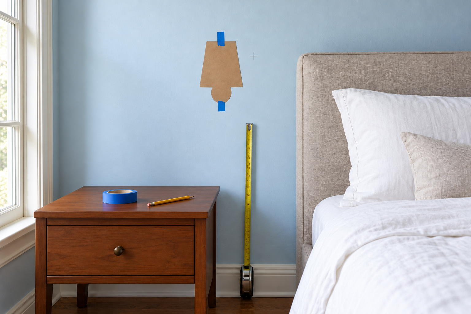 A paper cutout in the shape of a wall sconce taped to a pale blue wall beside a headboard, with a pencil cross marked beside it.