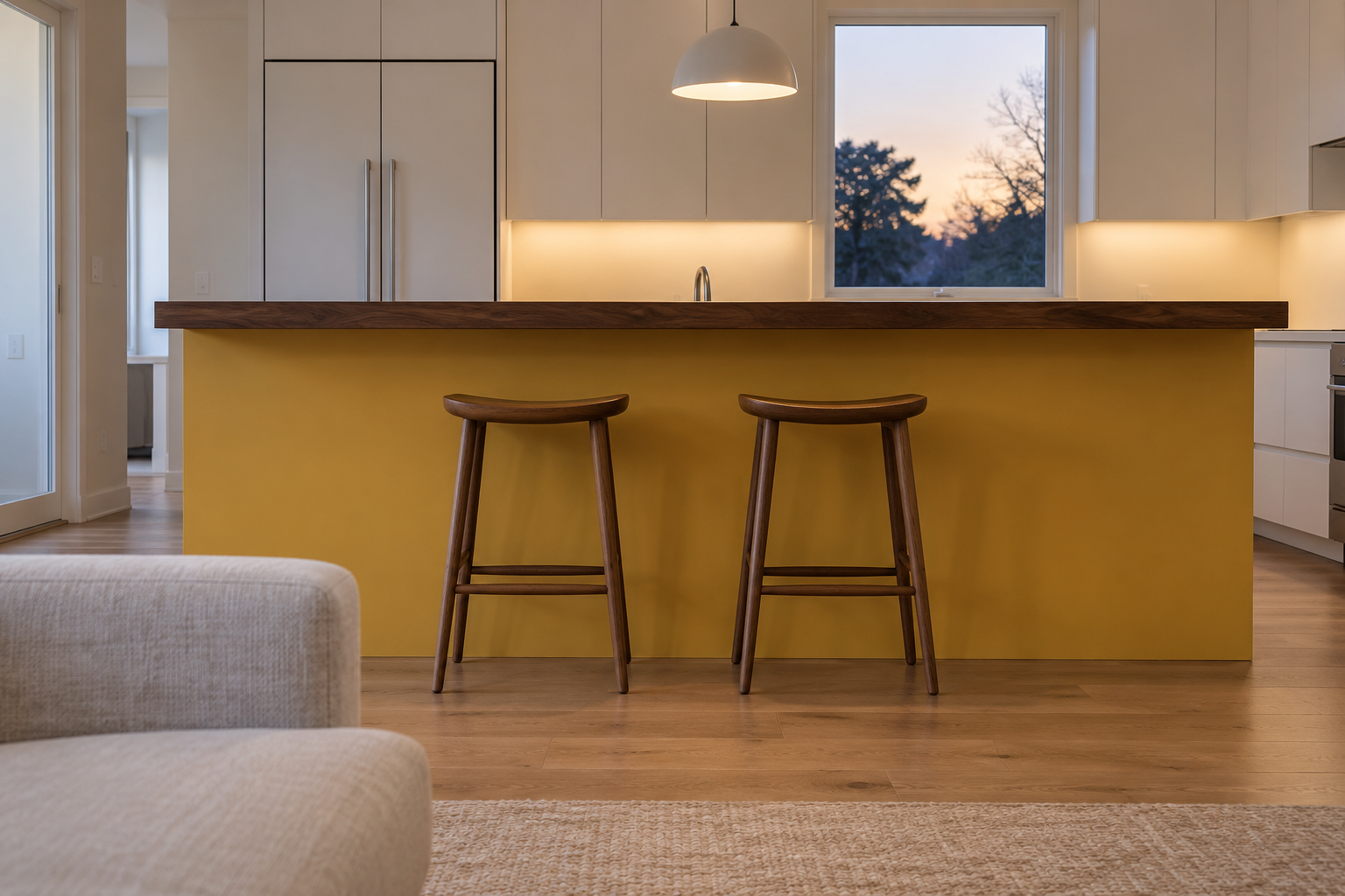 An island seen from the living room, with a raised walnut ledge along its back that hides the sink and counter behind it.