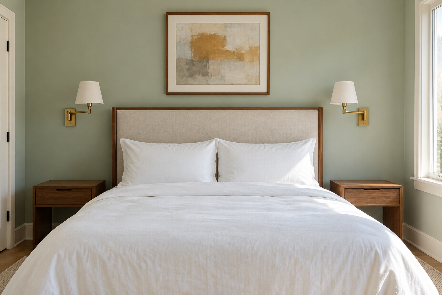 A cream linen headboard with a brass swing arm wall light on each side and a framed print hung a few inches above its top.