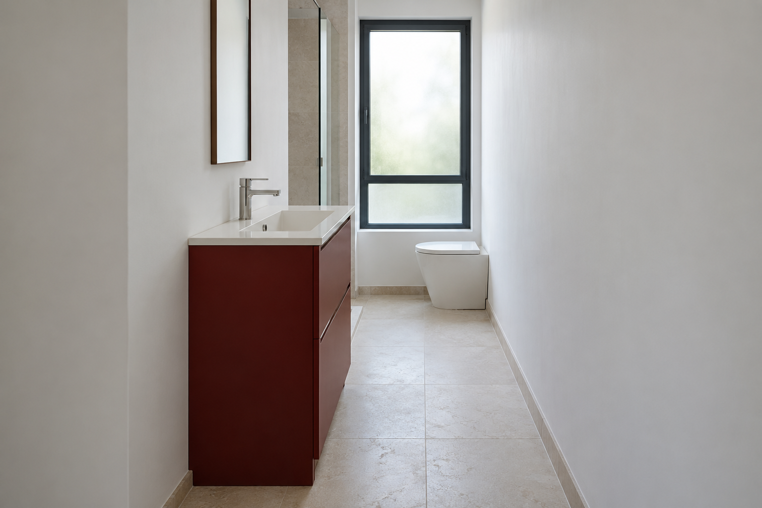A slim oxblood vanity seen from the side in a narrow bathroom, with a clear aisle of limestone floor beside it.