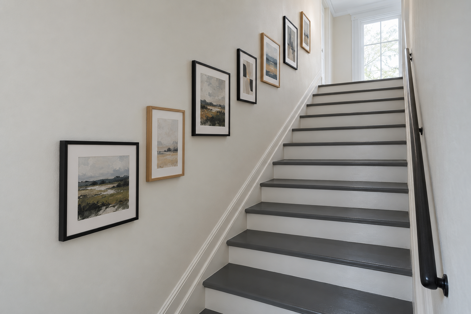 Seven framed pieces on a staircase wall, arranged so the group rises at the same angle as the stairs.