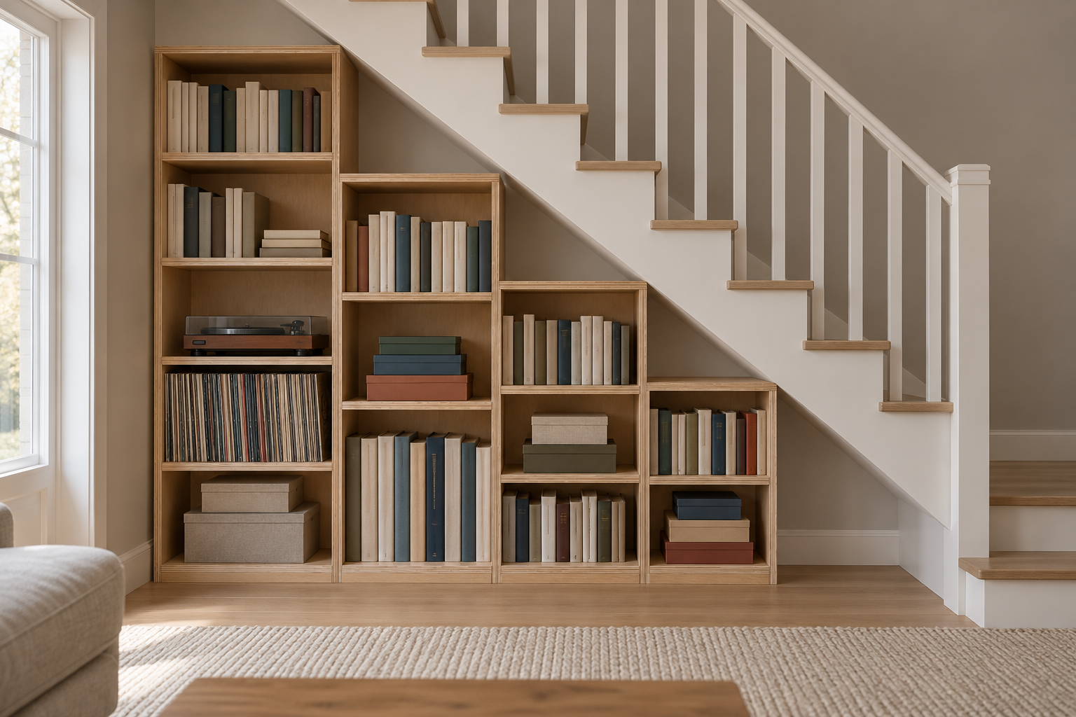 Birch plywood shelves under a staircase, stepping down with the slope and holding books, records, and games.