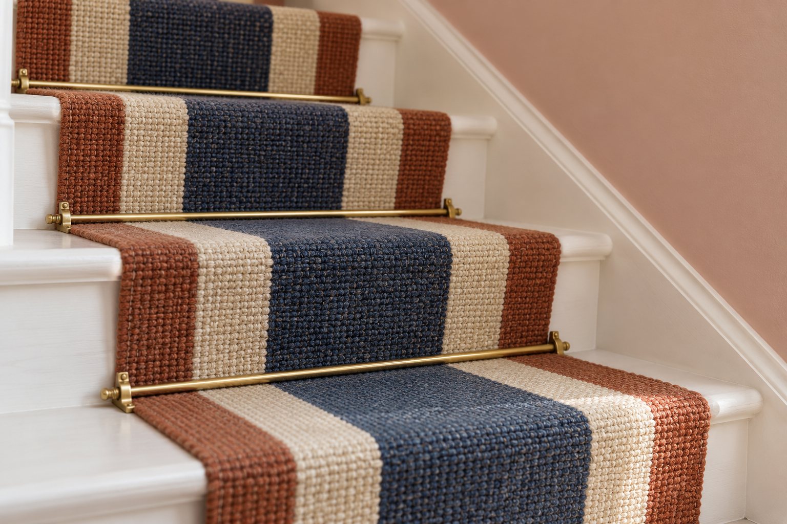 A flatweave stair runner striped in rust, cream, and indigo, held at the back of each step by a brass rod, beside a clay pink wall.