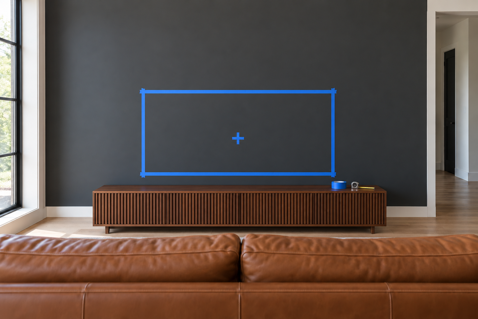 A rectangle of blue painter's tape the size of a television marked on a charcoal wall above a walnut console, seen over the back of a leather sofa.