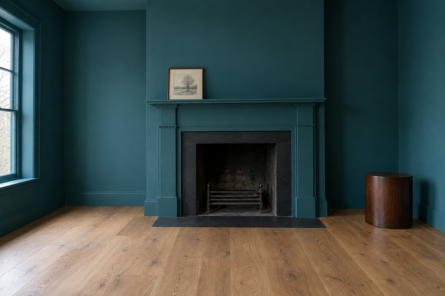 A fireplace mantelpiece painted the same peacock teal as the walls, visible mainly by the shadows under its shelf.