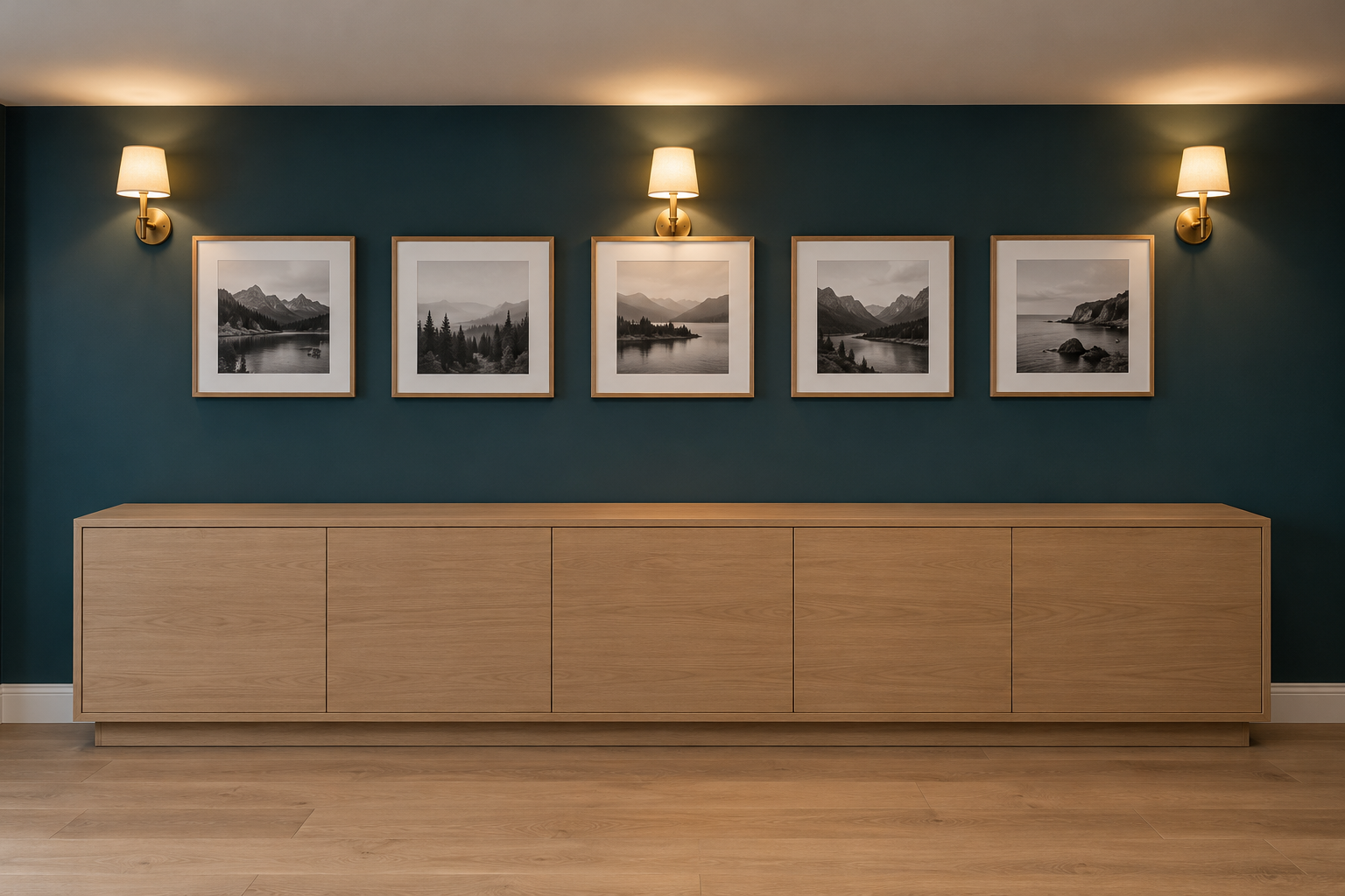 A long deep teal basement wall washed with warm light from three wall lights, with a row of framed prints and a low cabinet below.