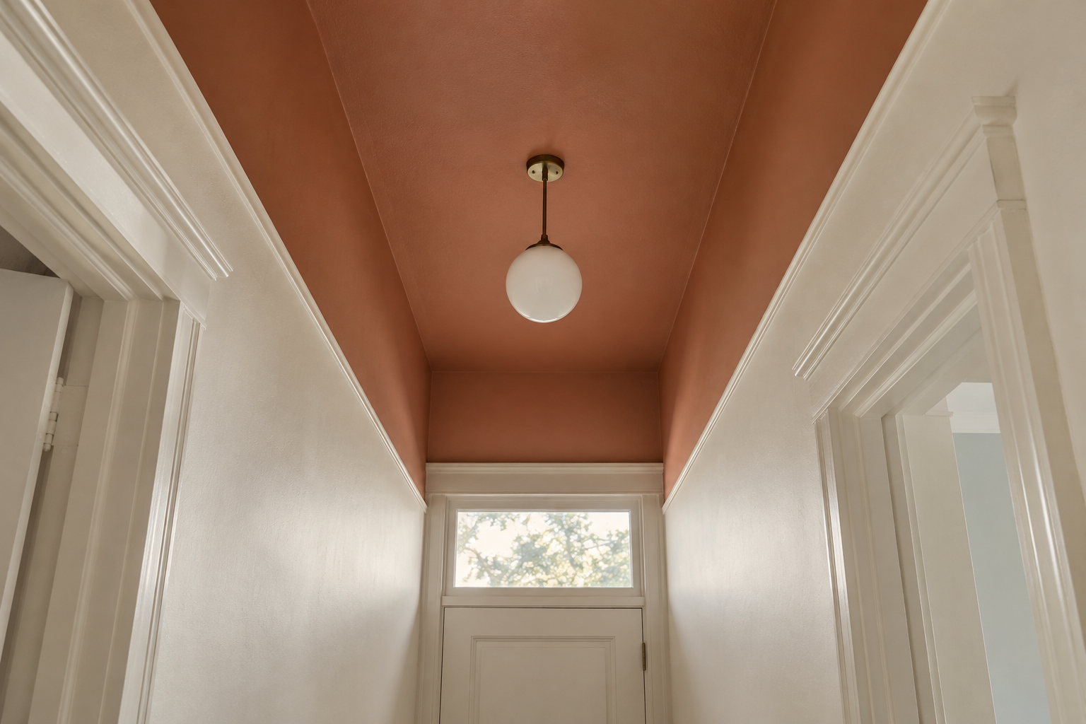 A tall, narrow hallway seen looking up, with the ceiling and the top of the walls down to the picture rail painted terracotta above off-white walls.