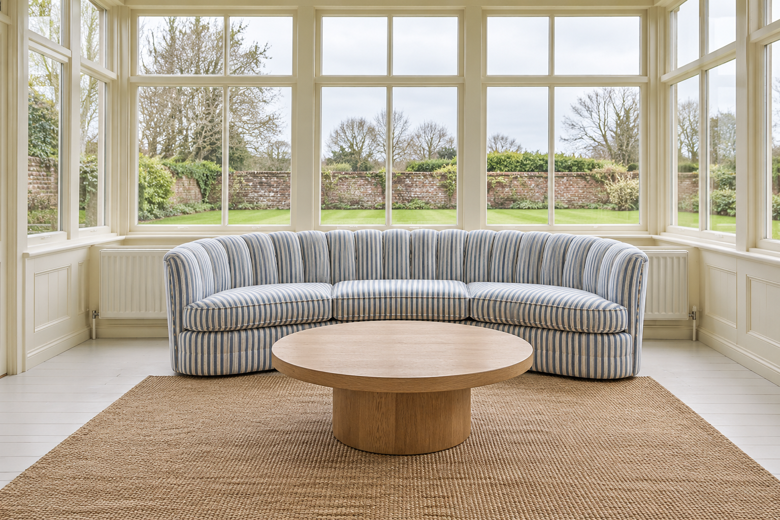 A curved sofa upholstered in cornflower blue and cream ticking stripe in a sunroom, set against a glass wall with a white radiator under the windows.
