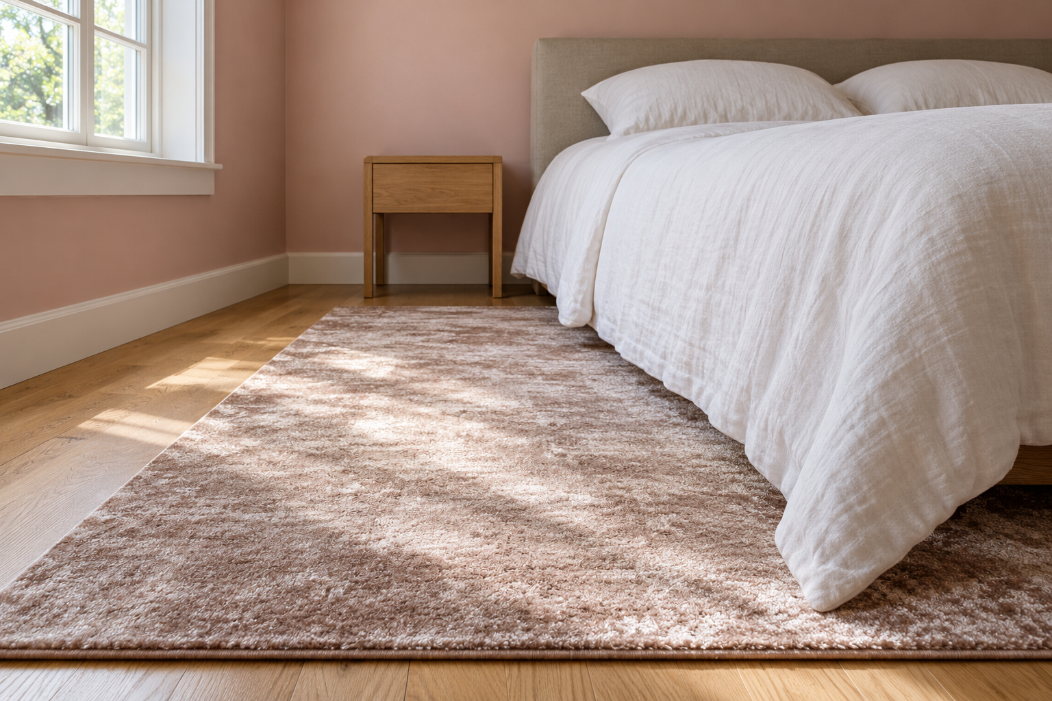 A silvery blush viscose rug with a soft sheen beside a bed with a linen cover, catching daylight from the window.