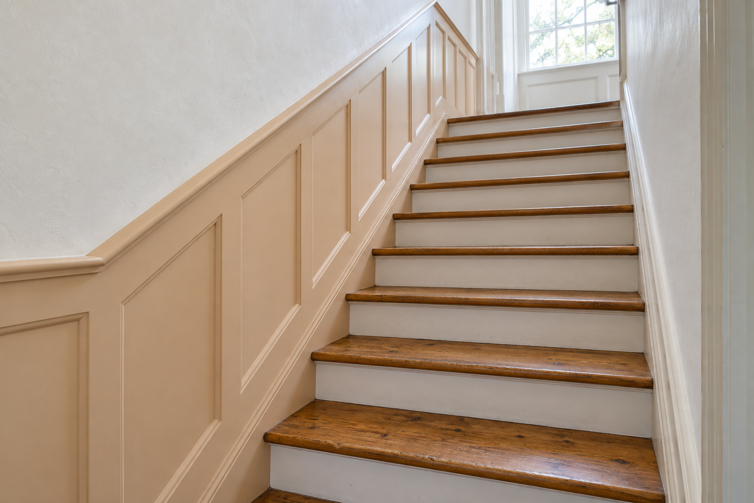 Peach wainscoting on a stair wall, its cap rising parallel to the stairs.