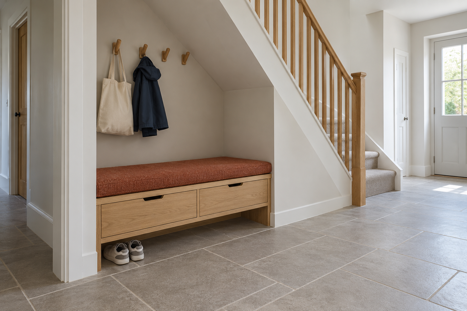 A built-in bench with a rust cushion and a row of peg hooks in an alcove under a staircase.