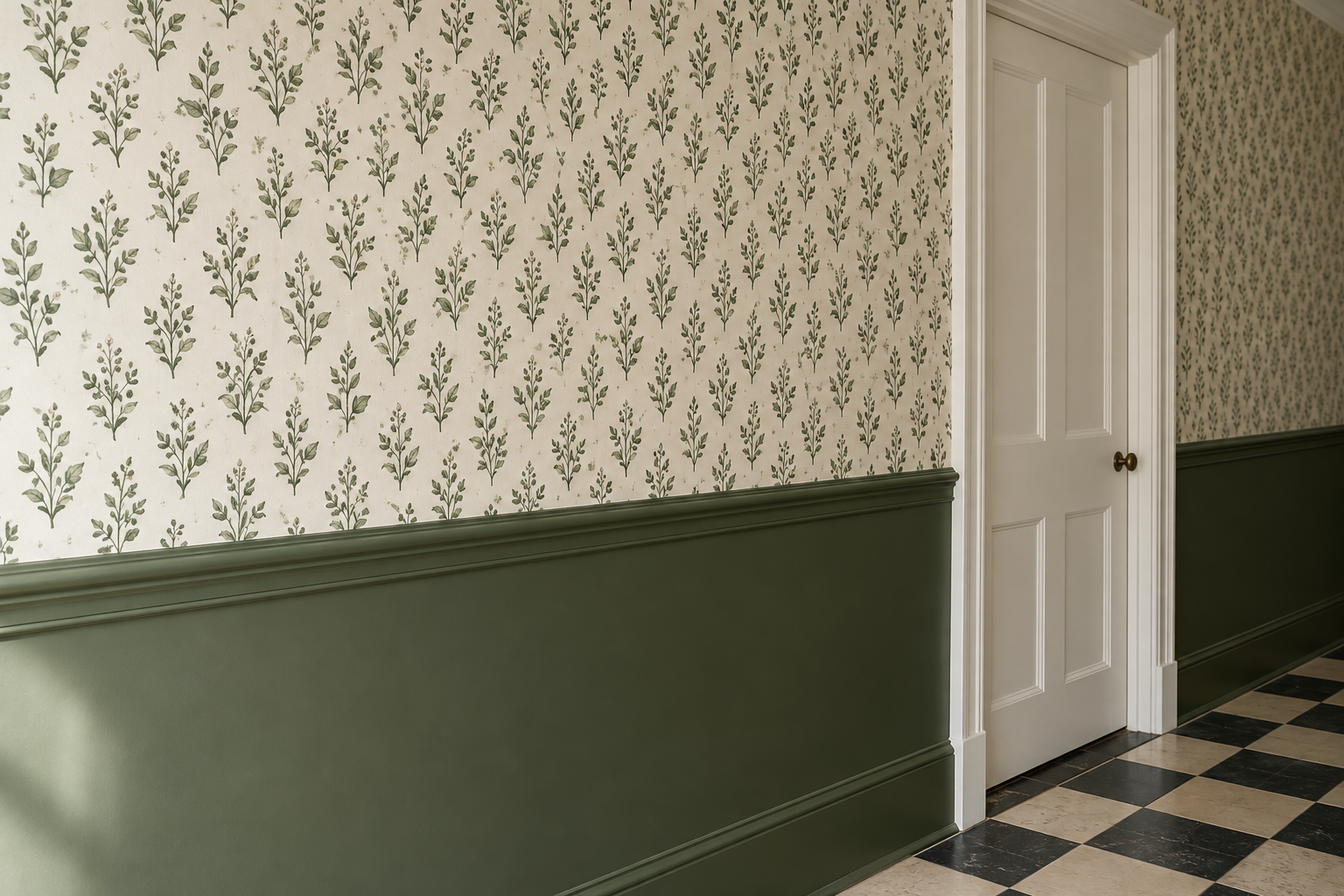 A hallway papered above a painted lower wall with a small repeating leaf pattern in green on cream.