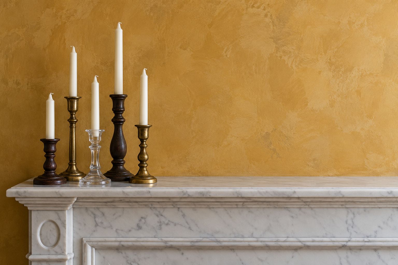 Five candlesticks of different heights in brass, wood, and glass, grouped at one end of a white marble mantel against an ochre wall.