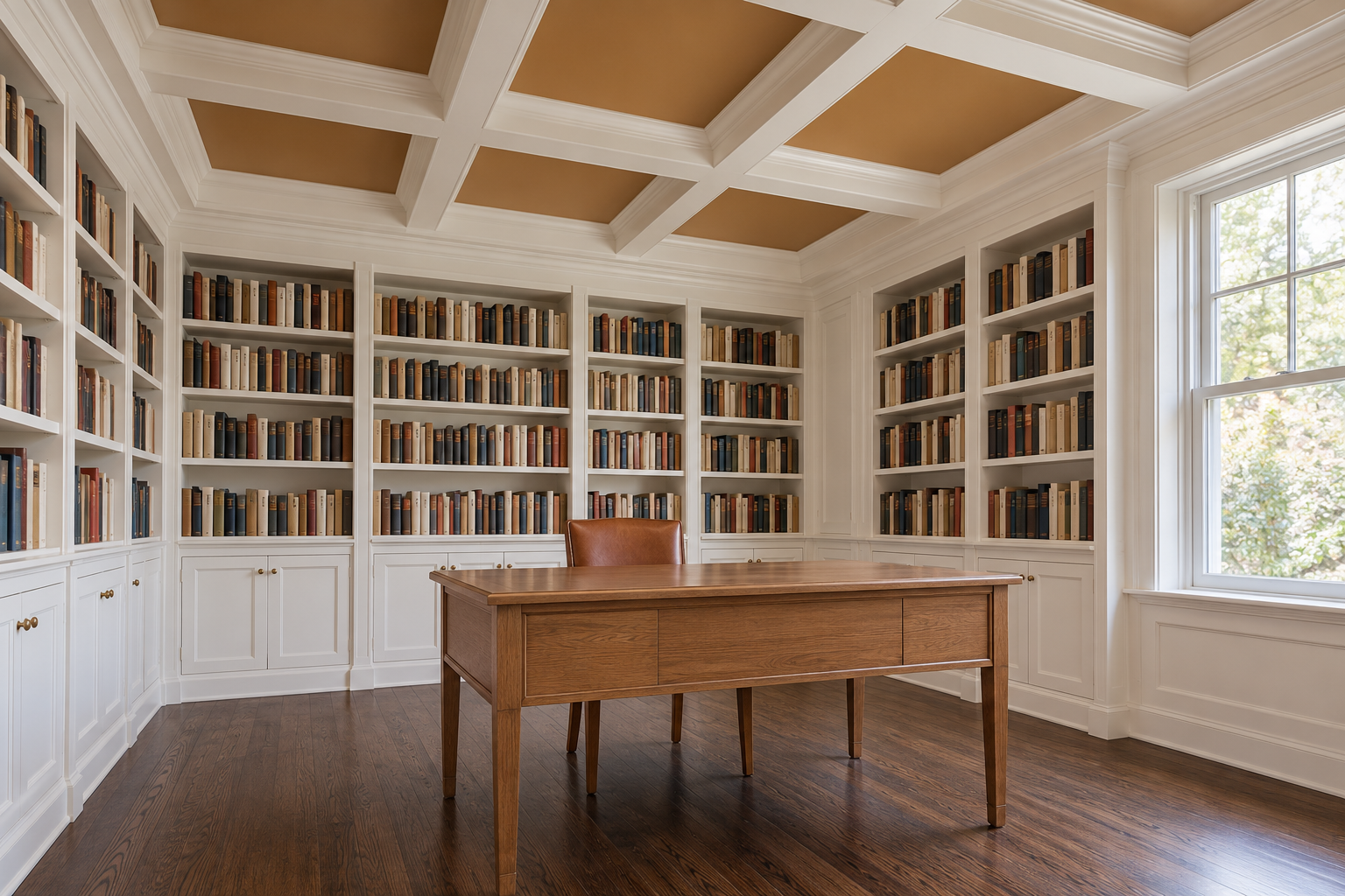 A library with a coffered ceiling, a regular grid of recessed panels painted caramel between white beams, above shelves of books and a desk.