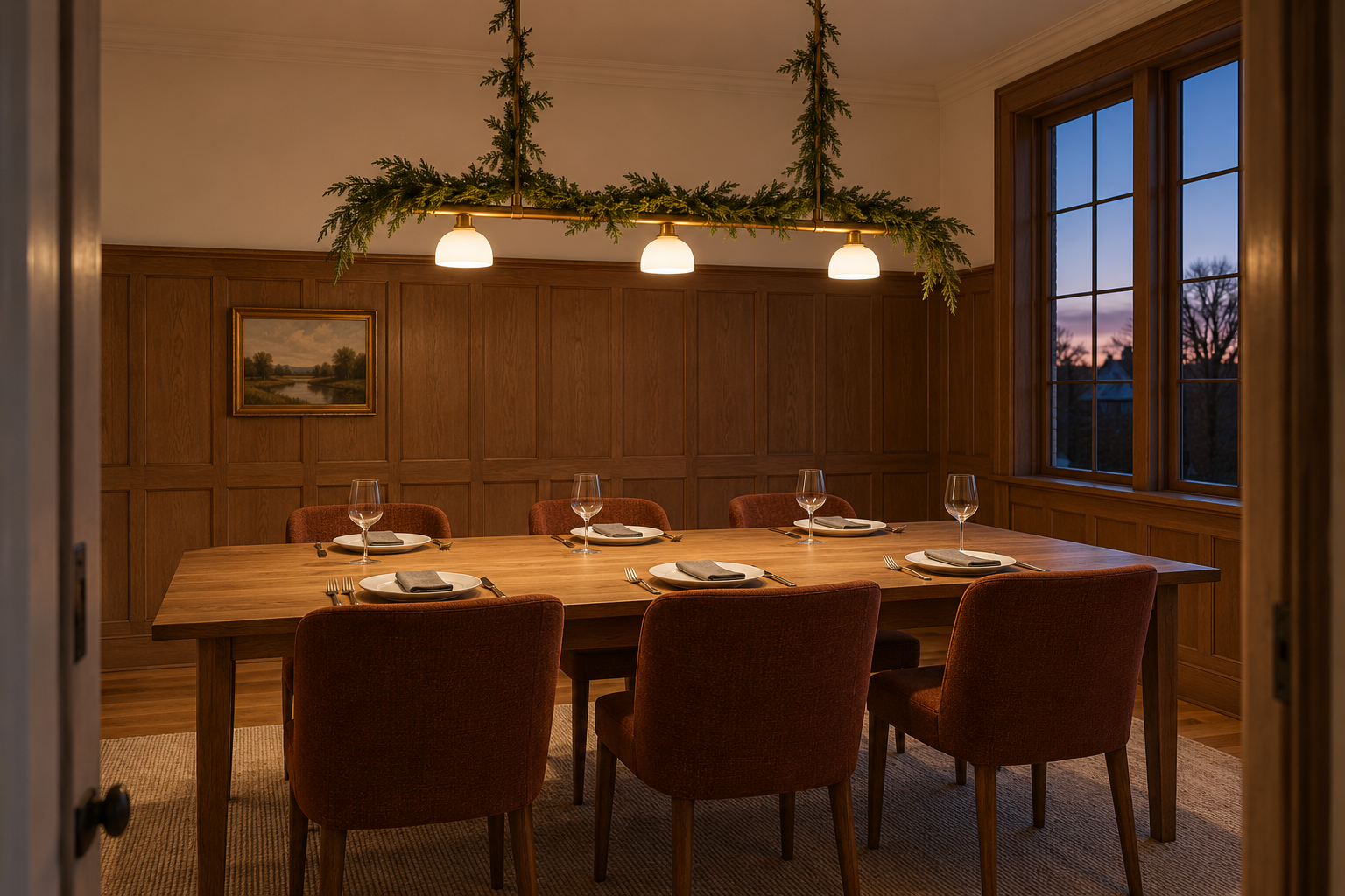 A cedar garland wound along the rods above a linear brass pendant over a set dining table, with nothing green on the table itself.