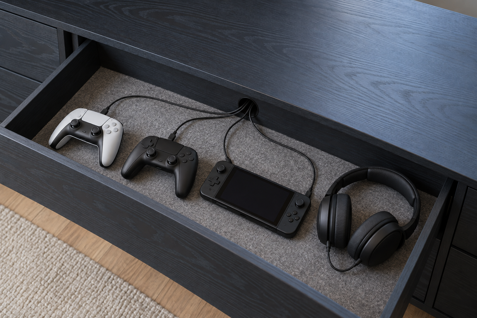 An open drawer in a dark media cabinet holding two game controllers, a handheld console, and a headset, with cables running out through the back.