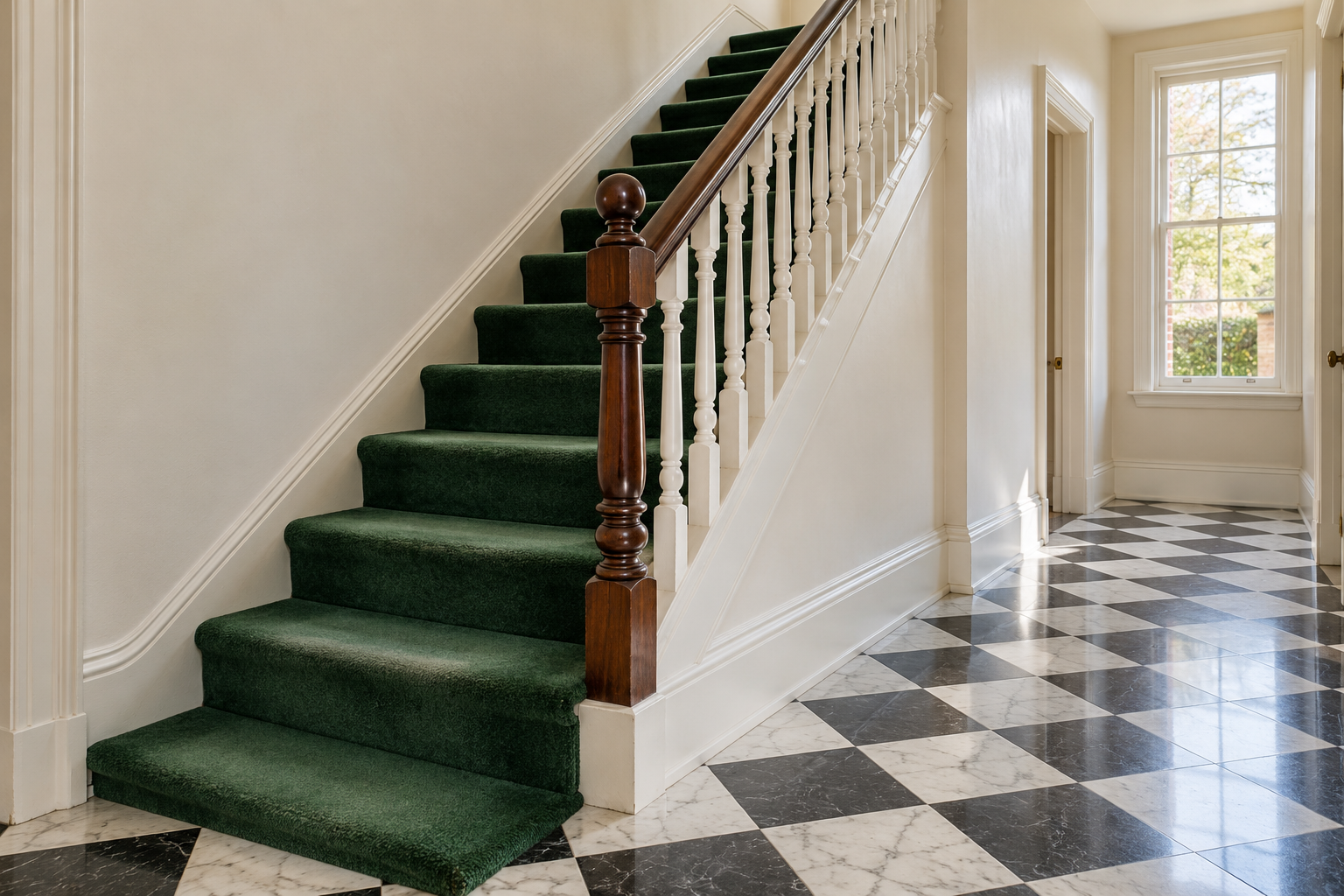 A staircase carpeted edge to edge in emerald green wool, with white balusters and a mahogany handrail, seen from the hall.