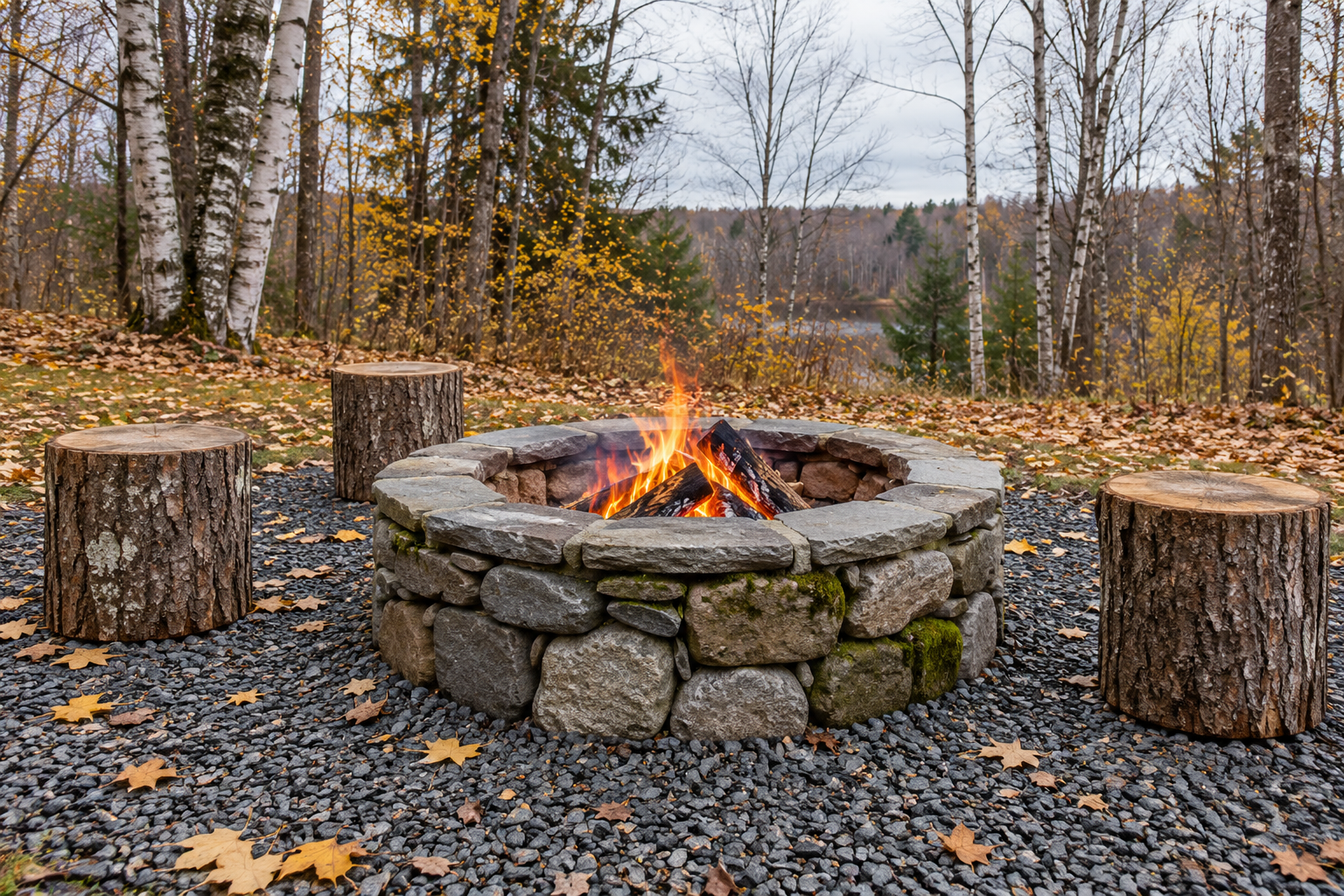 A low ring of gray fieldstone with a small fire burning inside, on a gravel clearing with three log rounds for seats.