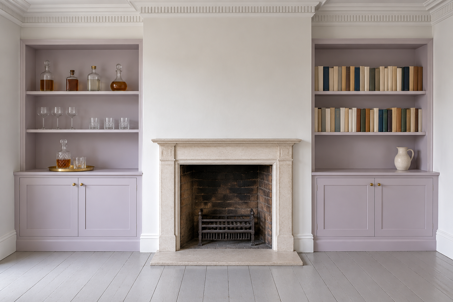 A chimney breast flanked by two alcoves fitted with pale lilac cabinets and open shelves, the left alcove set up as a bar with bottles and glasses and the right with books.