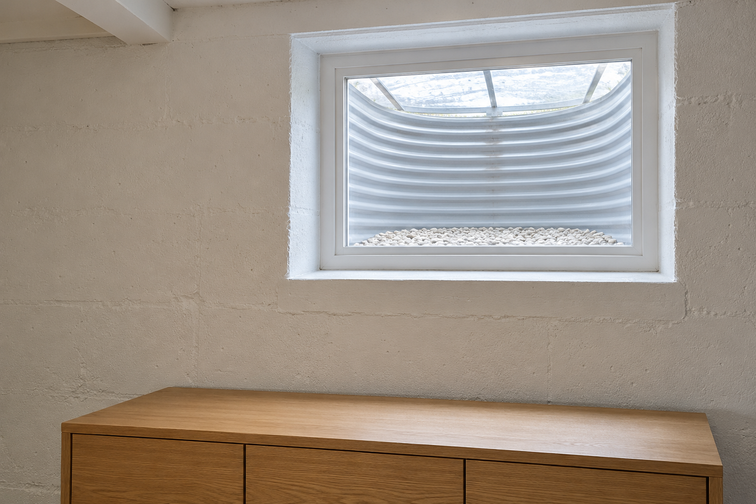 A small basement window seen from inside, looking into a window well lined in pale gray with white gravel at the bottom and a clear cover over the top letting daylight in.