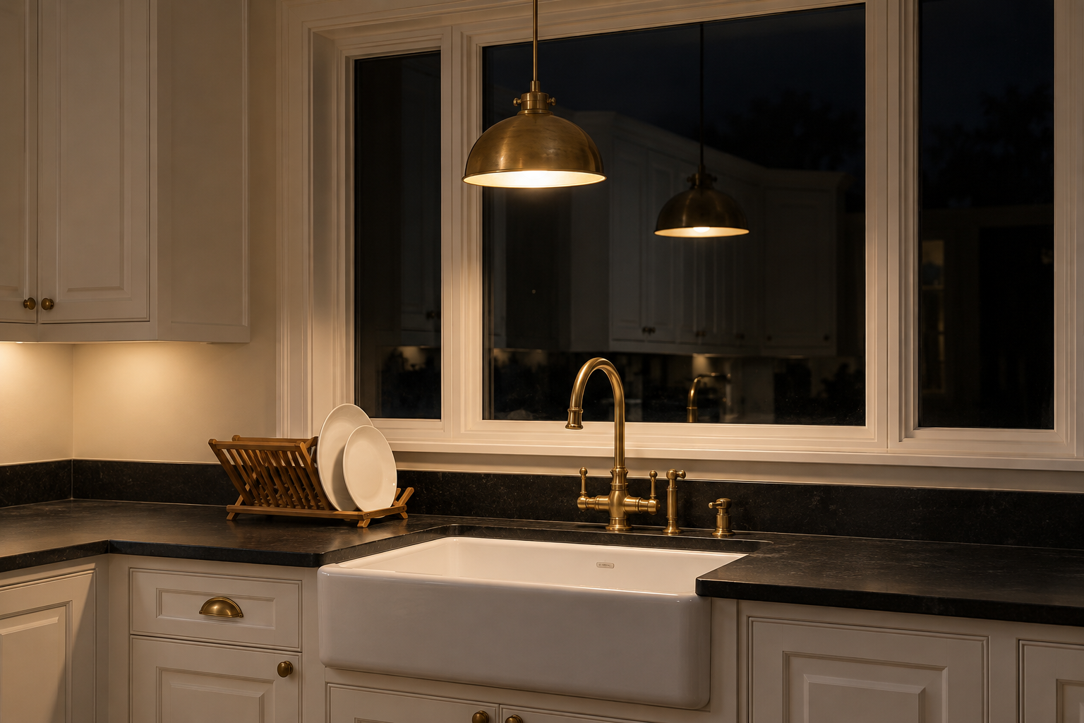 A brass pendant lit above a kitchen sink at night, with its reflection showing in the dark window behind it.