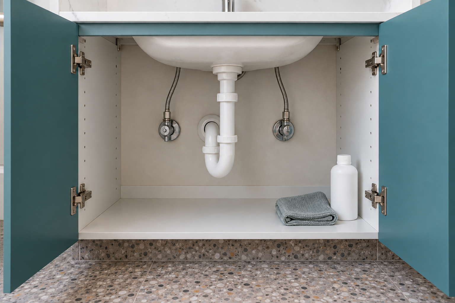 The inside of a teal vanity cabinet with its doors open, showing the curved drain trap and two water supply lines coming out of the wall.