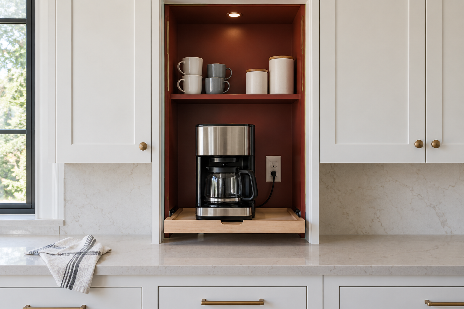 A white kitchen cabinet opened to an oxblood interior, with a coffee maker on a pull-out shelf and mugs above.