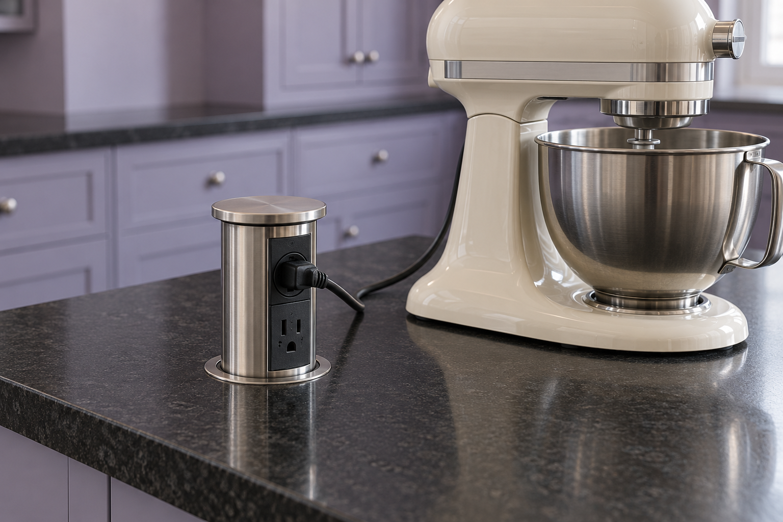 A round outlet raised out of a black stone island top with a stand mixer plugged into it.