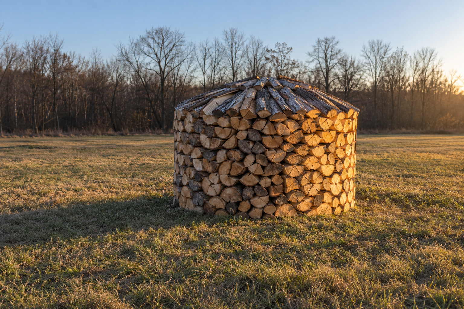 A round firewood stack about six feet across with a domed top of bark-up logs, standing at the edge of a field in low sun.