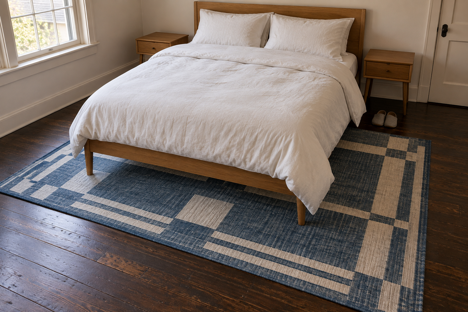 A blue-and-cream rug under the lower part of a bed, with bare dark floor showing around it.