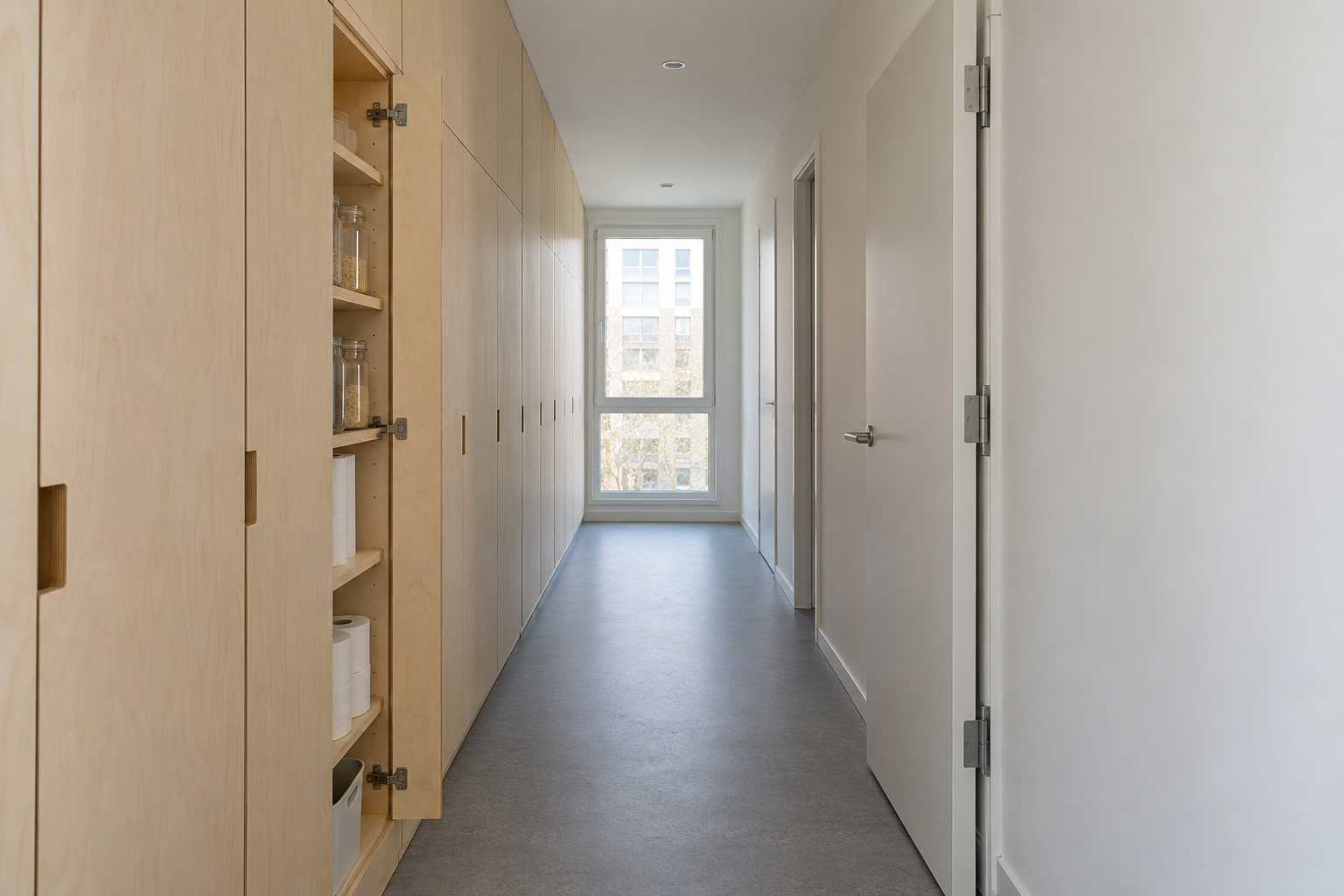 Shallow birch plywood cabinets running floor to ceiling down one side of a narrow apartment hallway.