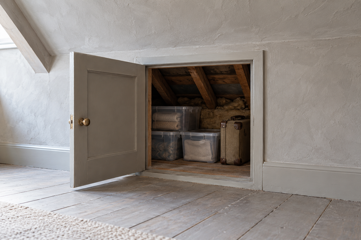 A small painted door set low in the knee wall of an attic bedroom, open to show lidded storage boxes in the eaves space behind it.