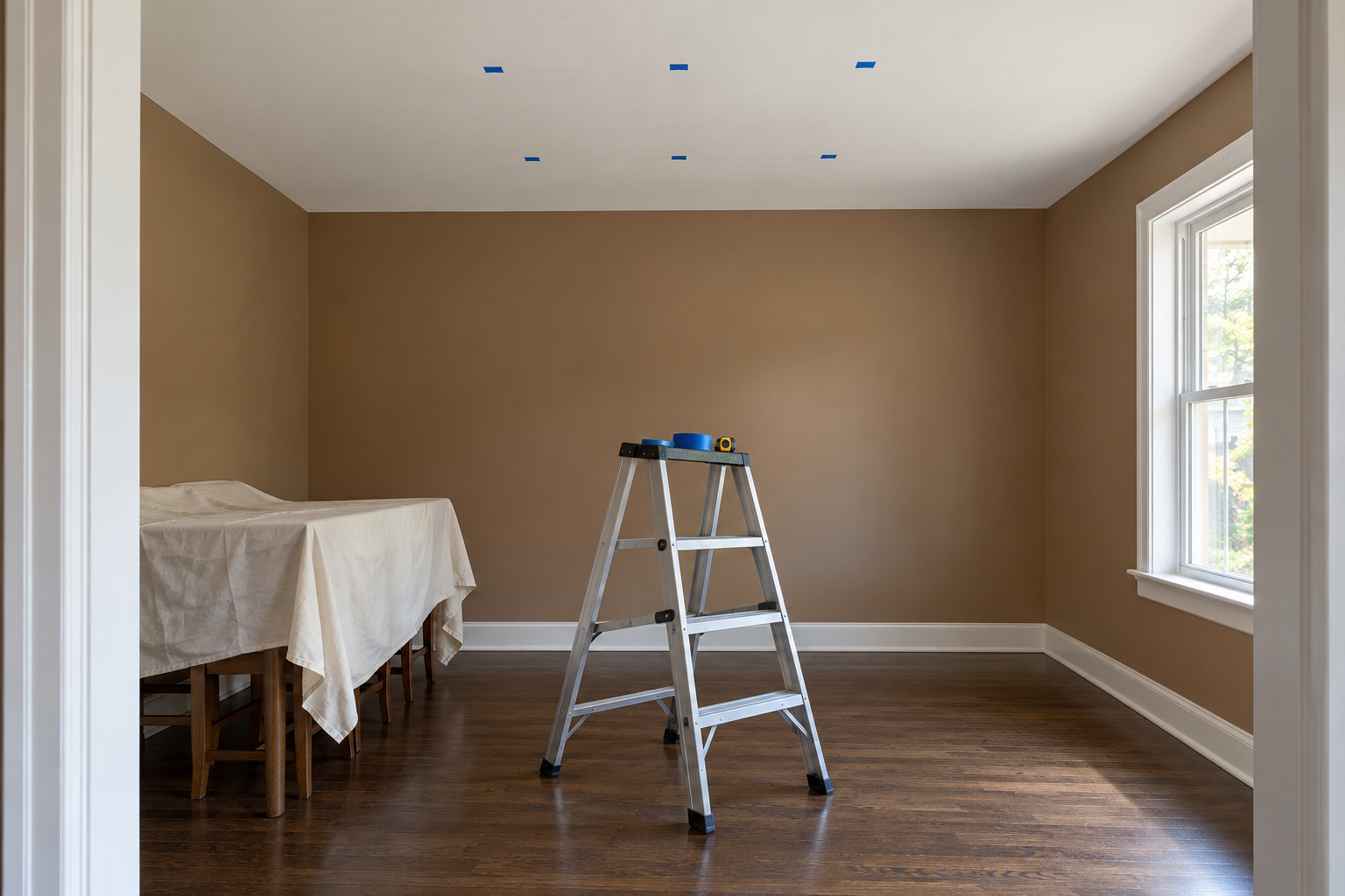A white ceiling with six small squares of blue painter's tape marking where recessed lights will go, and a stepladder below.