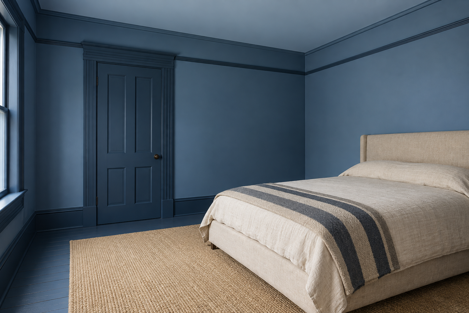 A bedroom with mid-blue walls, a darker blue door and trim, and a pale blue ceiling.