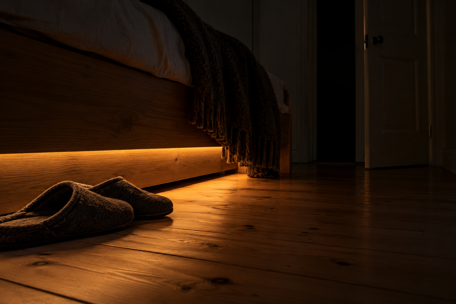 A dim warm strip of light under a bed frame lighting the floorboards and a pair of slippers at night.