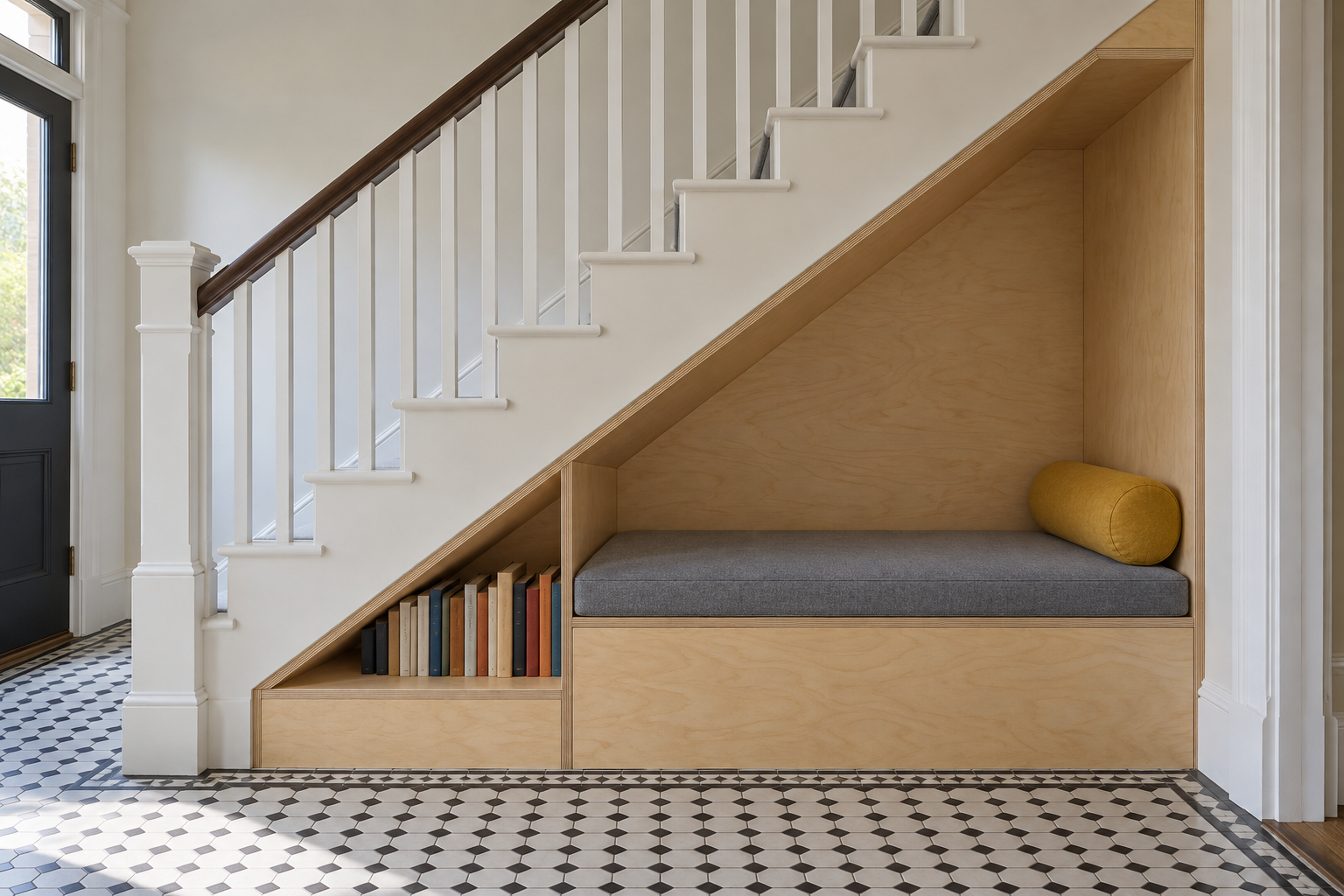 A seat built under a staircase and lined in pale plywood, with a gray cushion and the stair slope rising above it.