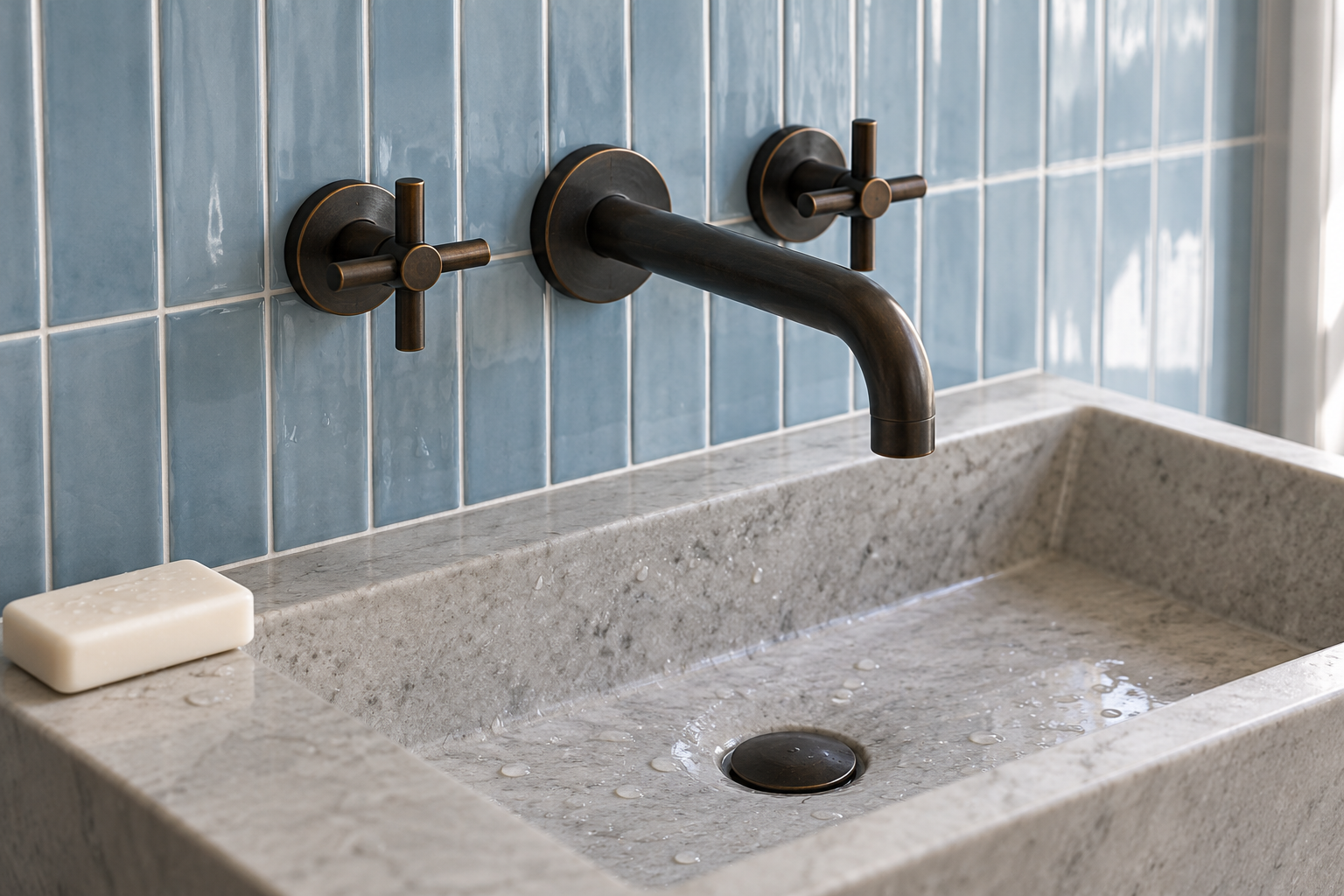 A blackened bronze faucet mounted on a wall of sky blue tile above a gray stone basin.