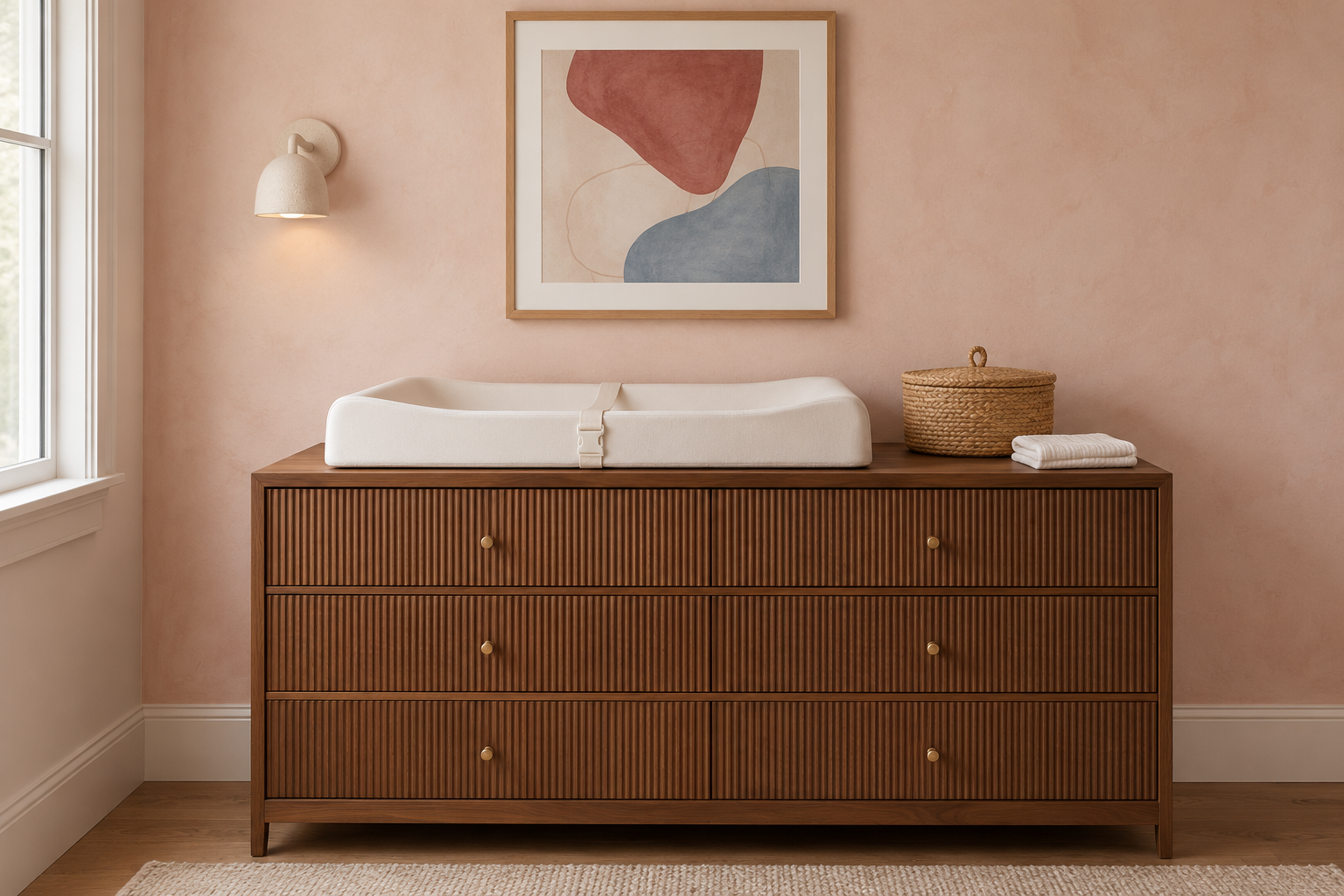 A walnut dresser used as a changing table, with a white contoured changing pad on top and a framed print above, against a pale pink plaster wall.