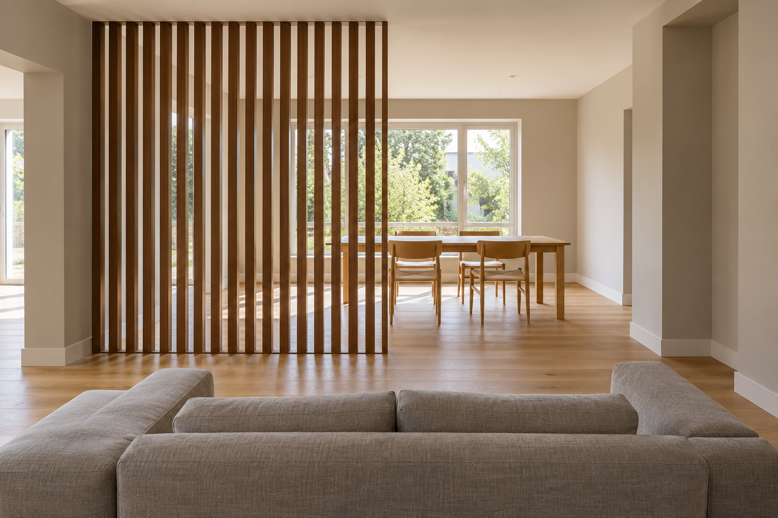 A freestanding screen of vertical walnut slats dividing a living area with a low sofa from a dining table beyond, with daylight passing between the slats.