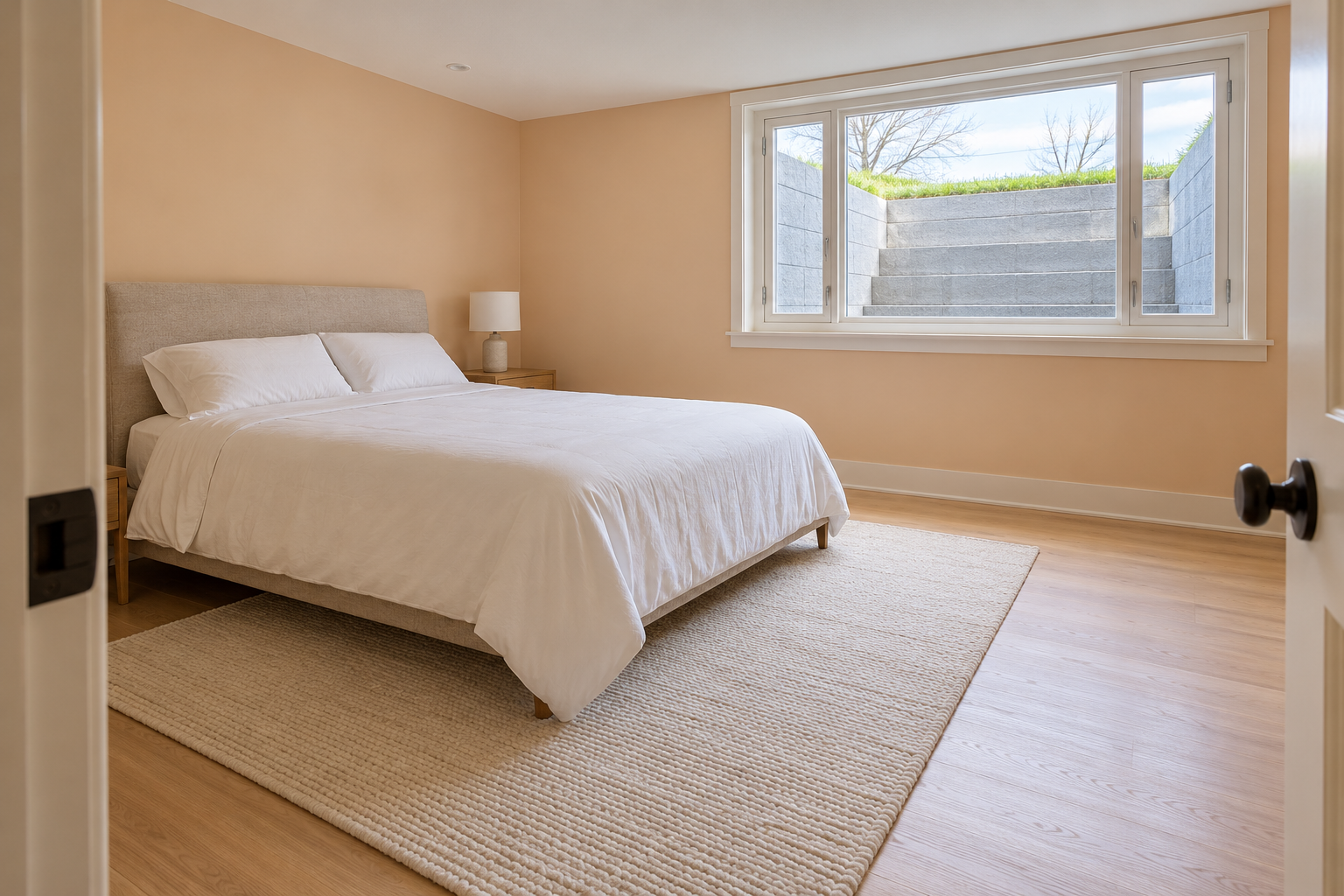 A basement bedroom with pale apricot walls and a large egress window with a stepped window well outside, and a bed with a low linen headboard on the wall beside the window.