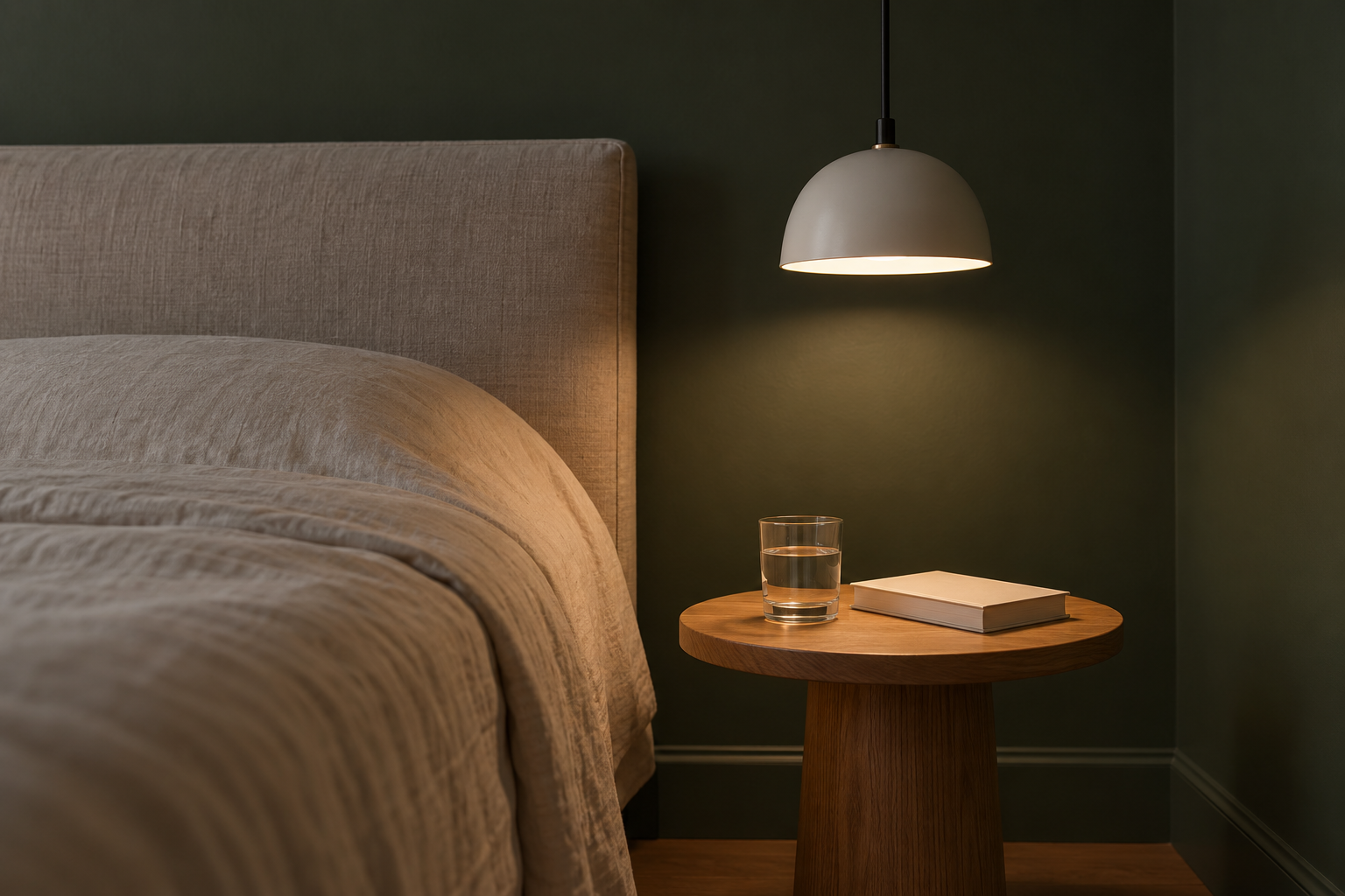 A small white dome pendant hanging low beside a bed over a round oak nightstand that holds only a glass and a book.