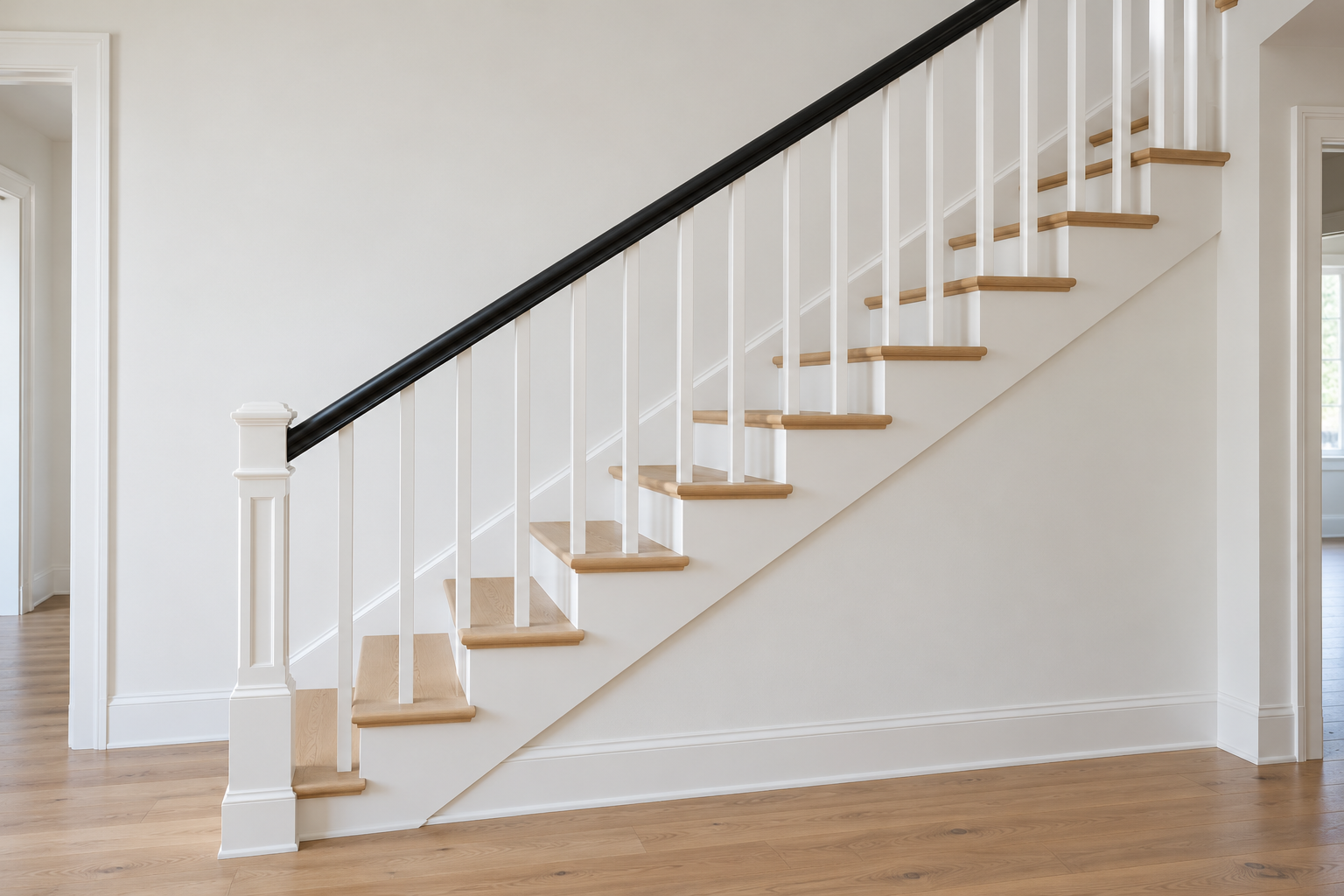 A white staircase with pale oak treads and a black handrail running in one unbroken line from the newel post to the landing.