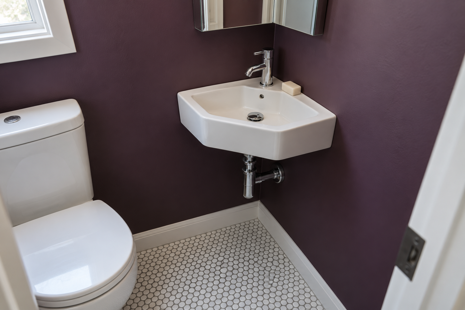 A small white basin fitted into the corner of a tiny half bath with plum walls and a white penny tile floor.