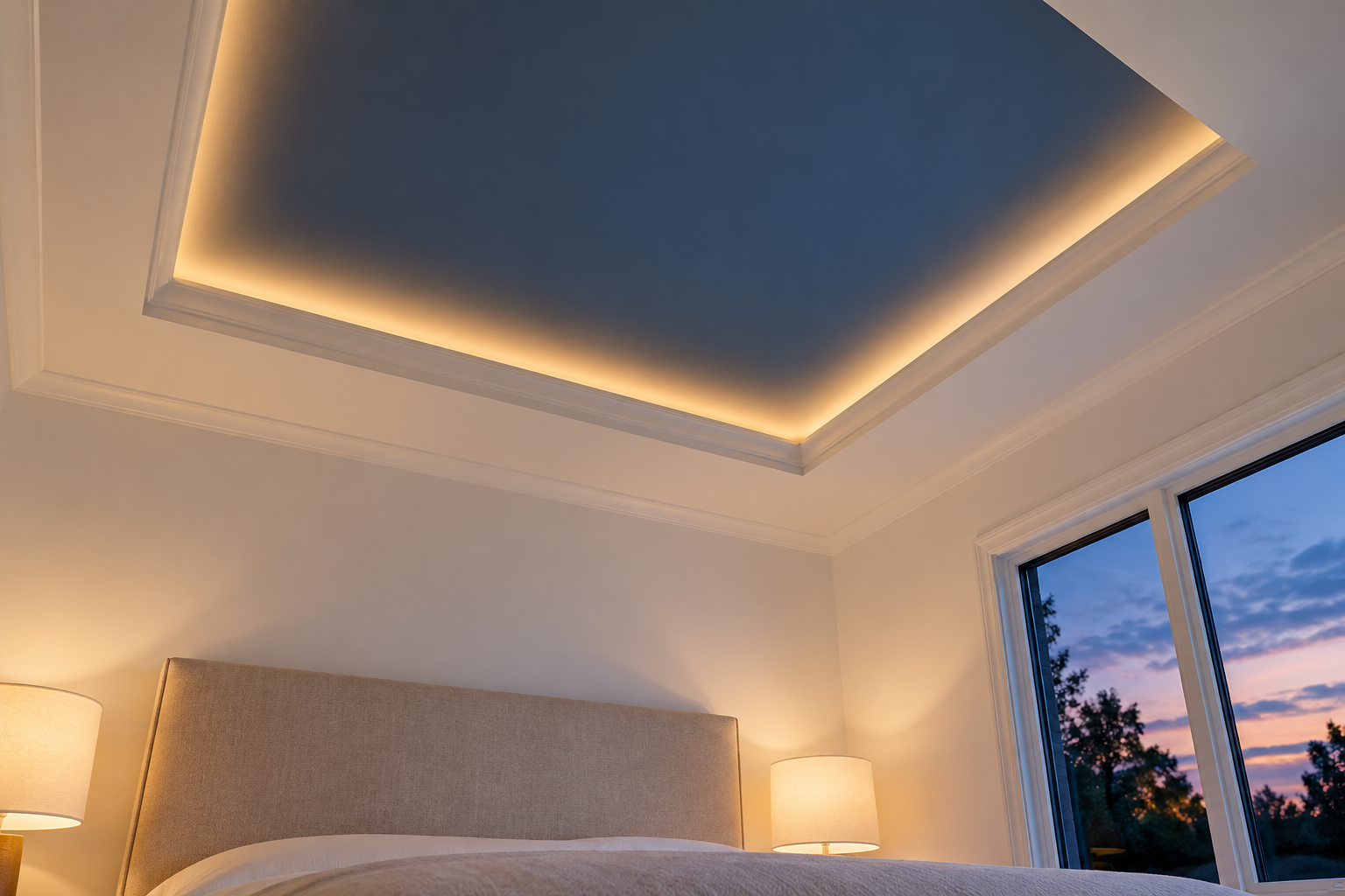 A bedroom tray ceiling painted deep blue inside its raised center, lit at dusk by a hidden strip of light around the recess.