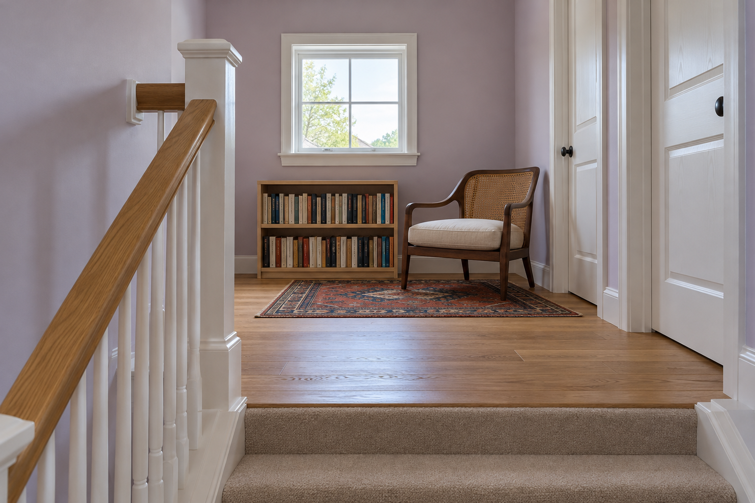 A cane-back armchair on a red and blue patterned rug on an upstairs landing with lilac walls, beside a low bookcase under a window.