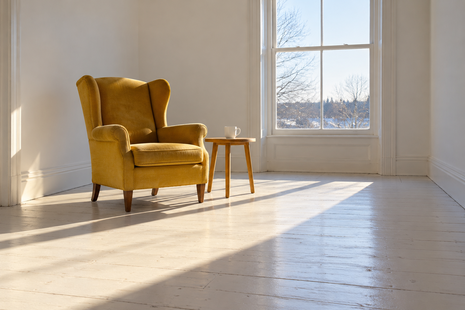 A mustard wool wingback armchair set in a long patch of low winter sun that reaches far across pale floorboards from a tall window, with a small table and a mug beside it.