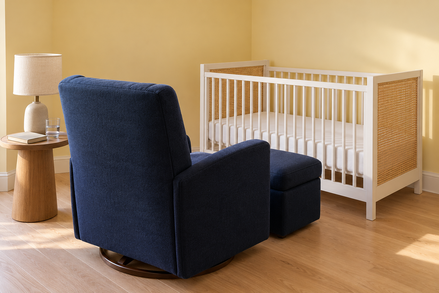 A navy wool glider and ottoman beside a bare white crib, with a small side table holding a lamp and a glass of water, in a butter yellow nursery.
