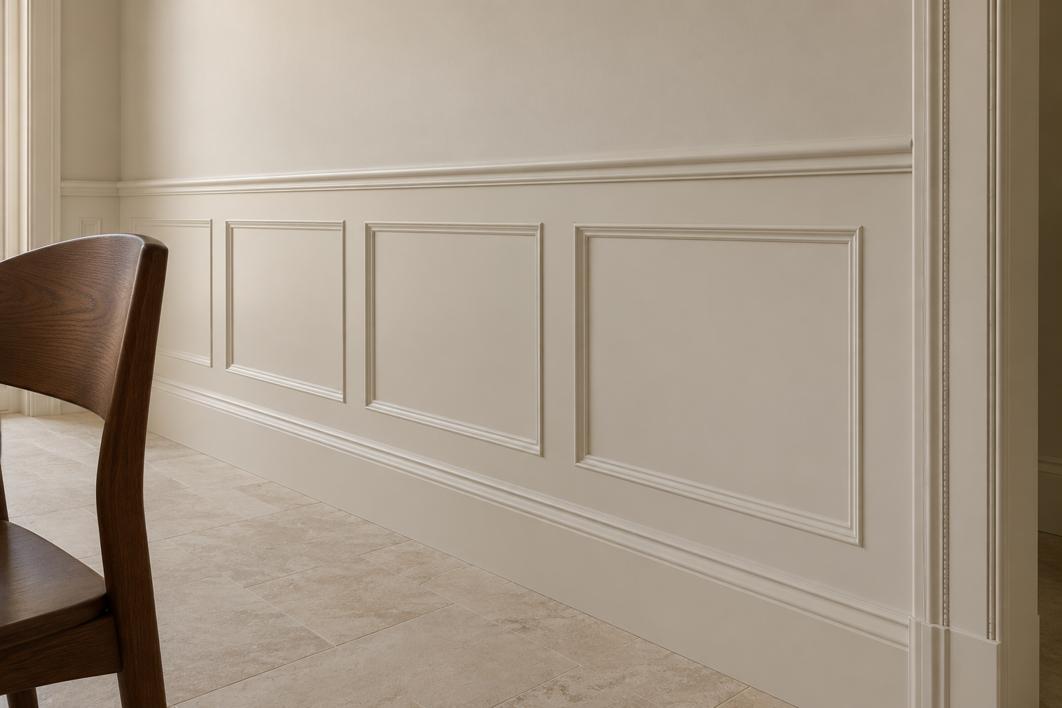 Pale oat paneling, chair rail, and wall in one color, with shadows marking each panel.