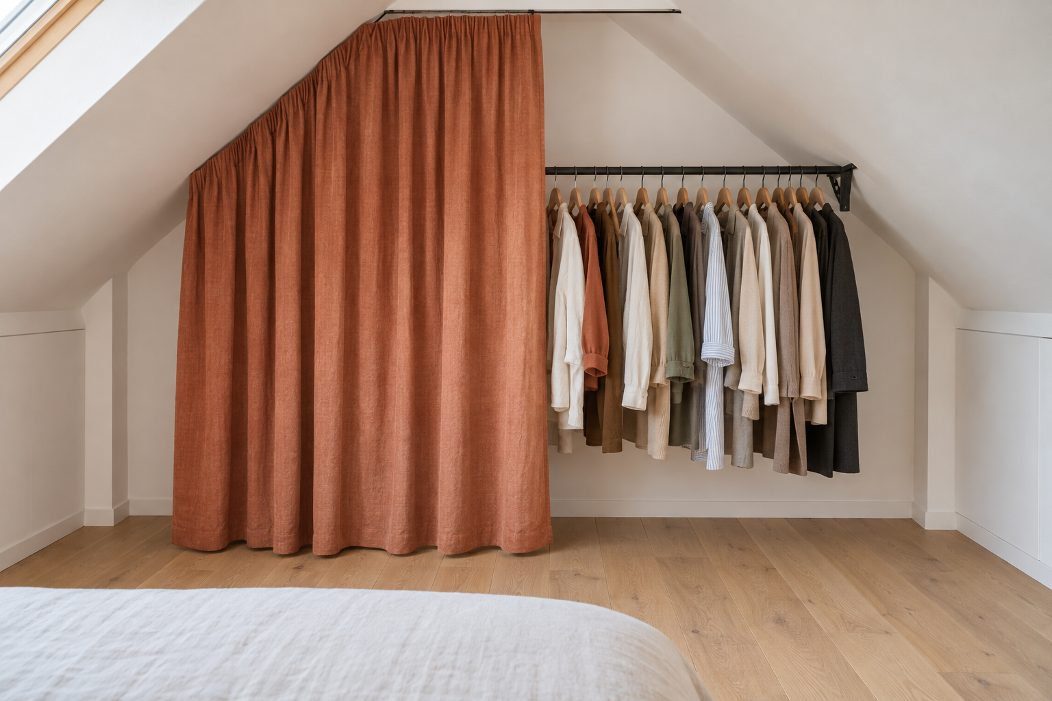 The gable end of an attic bedroom with a clothes rail hanging clothes across the full-height wall, half hidden behind a terracotta linen curtain on a track.